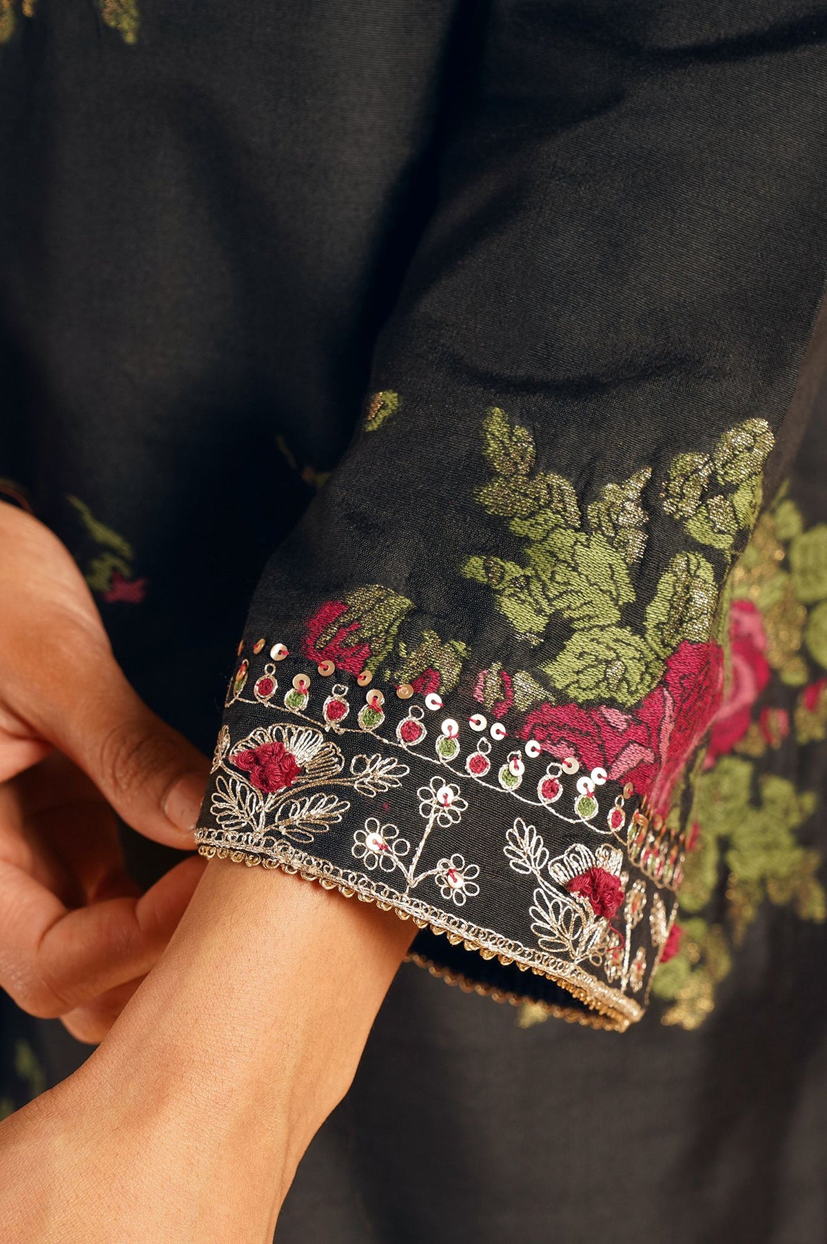 Black Jacquard Tunic with Pink Floral Motifs &amp; Farshi Salwar Set