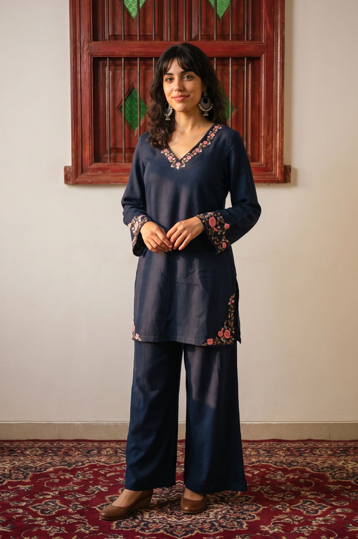 Navy Blue Thread Embroidered Acrylic Straight Winter Kurta with Parallel Pants Set