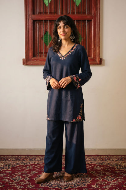 Navy Blue Thread Embroidered Acrylic Straight Winter Kurta with Parallel Pants Set