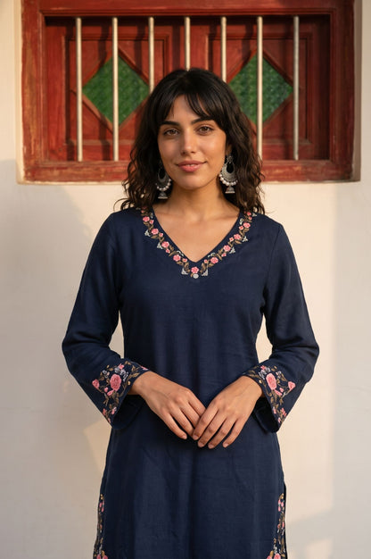Navy Blue Thread Embroidered Acrylic Straight Winter Kurta with Parallel Pants Set