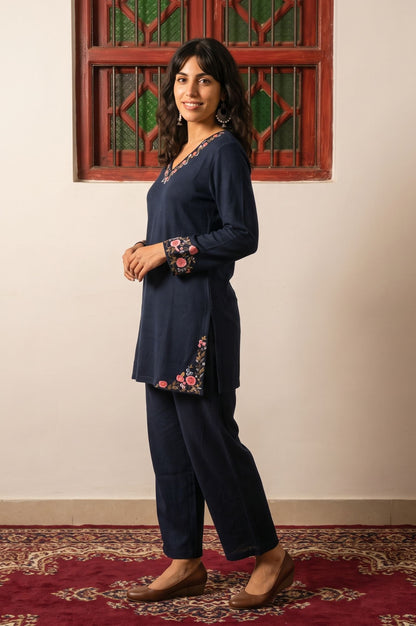 Navy Blue Thread Embroidered Acrylic Straight Winter Kurta with Parallel Pants Set