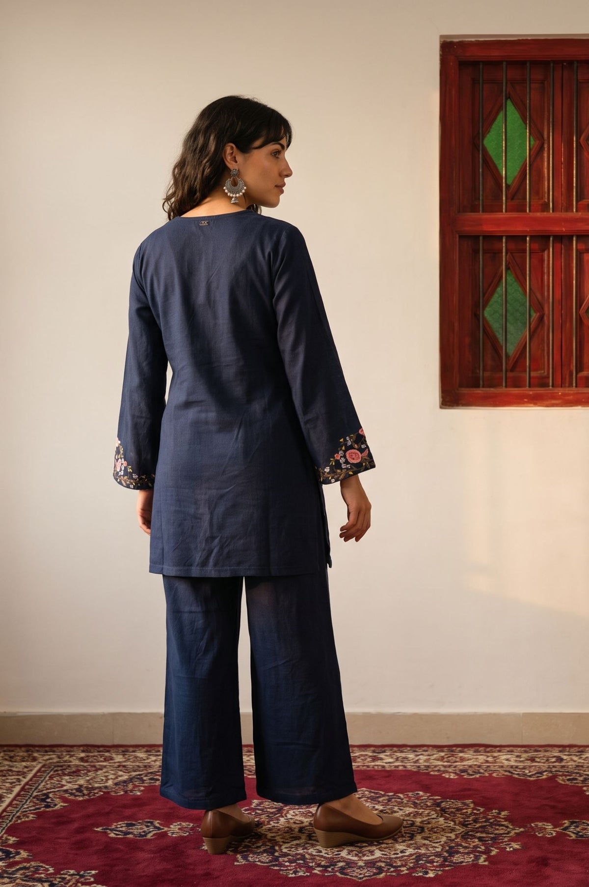 Navy Blue Thread Embroidered Acrylic Straight Winter Kurta with Parallel Pants Set
