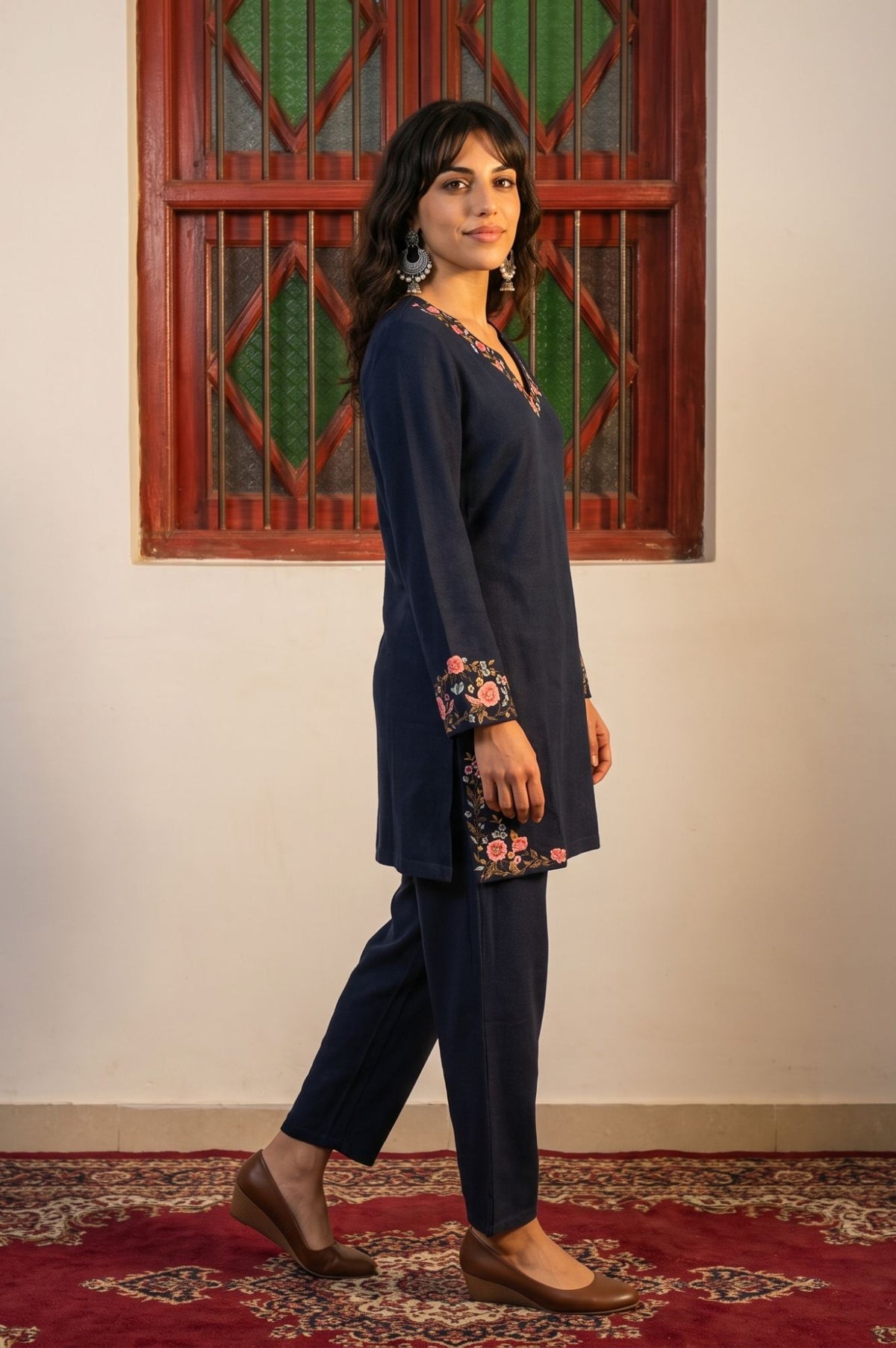 Navy Blue Thread Embroidered Acrylic Straight Winter Kurta with Parallel Pants Set