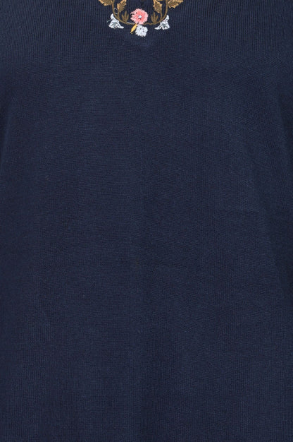 Navy Blue Thread Embroidered Acrylic Straight Winter Kurta with Parallel Pants Set