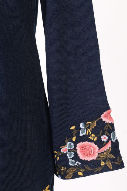 Navy Blue Thread Embroidered Acrylic Straight Winter Kurta with Parallel Pants Set