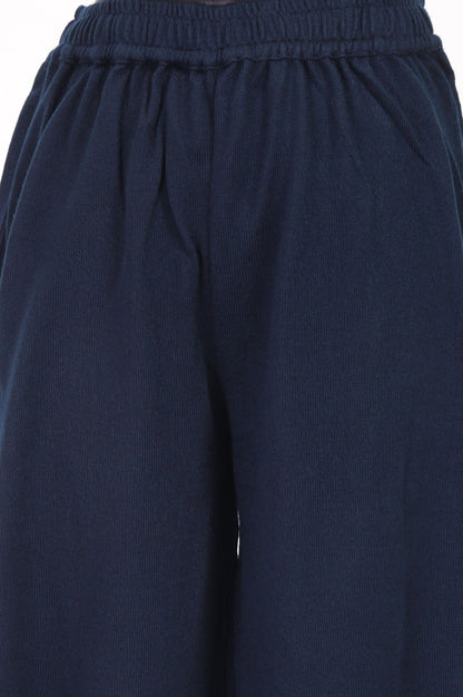 Navy Blue Thread Embroidered Acrylic Straight Winter Kurta with Parallel Pants Set