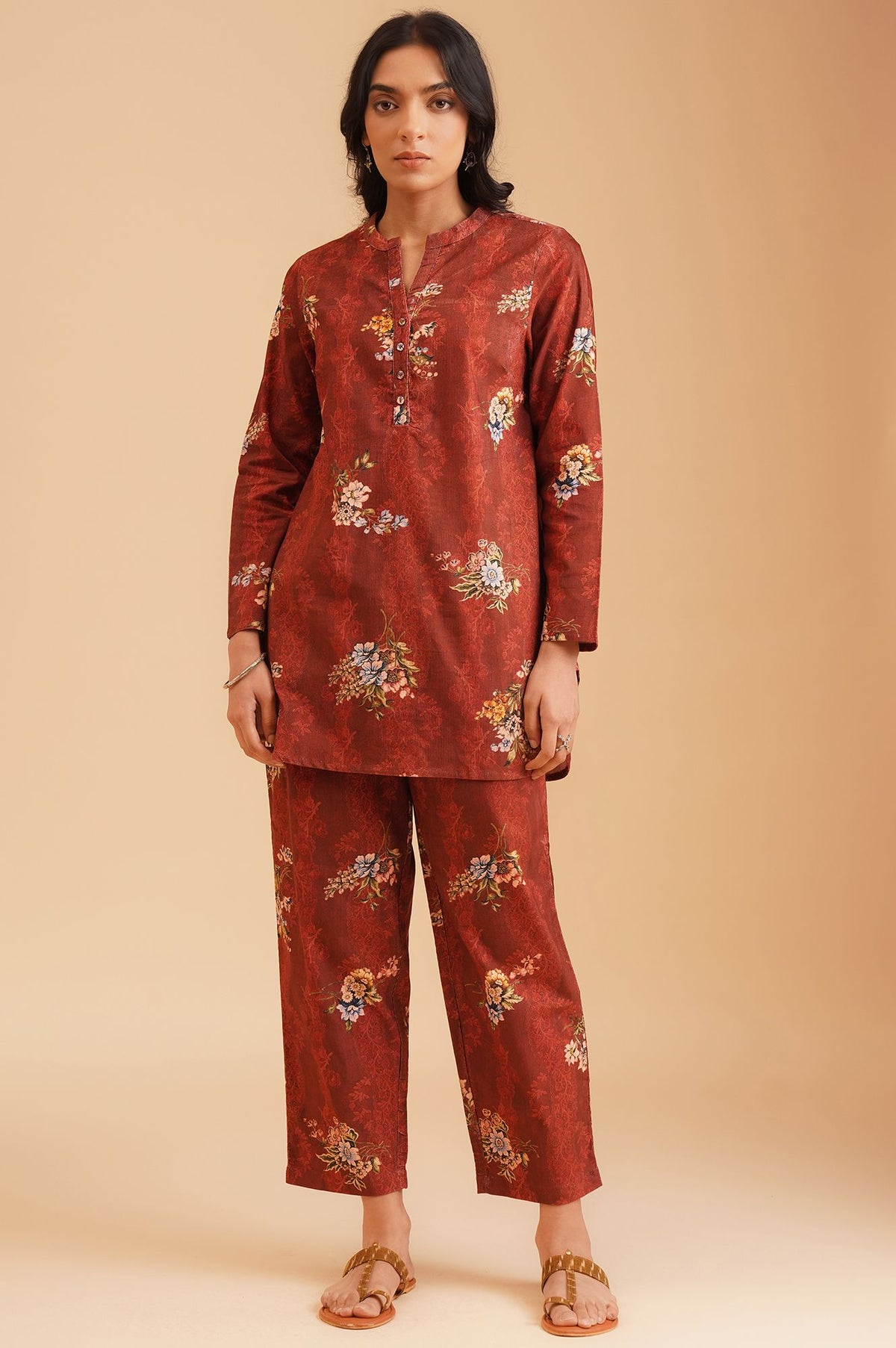 Maroon Floral Printed Straight Winter Tunic with Pants Set