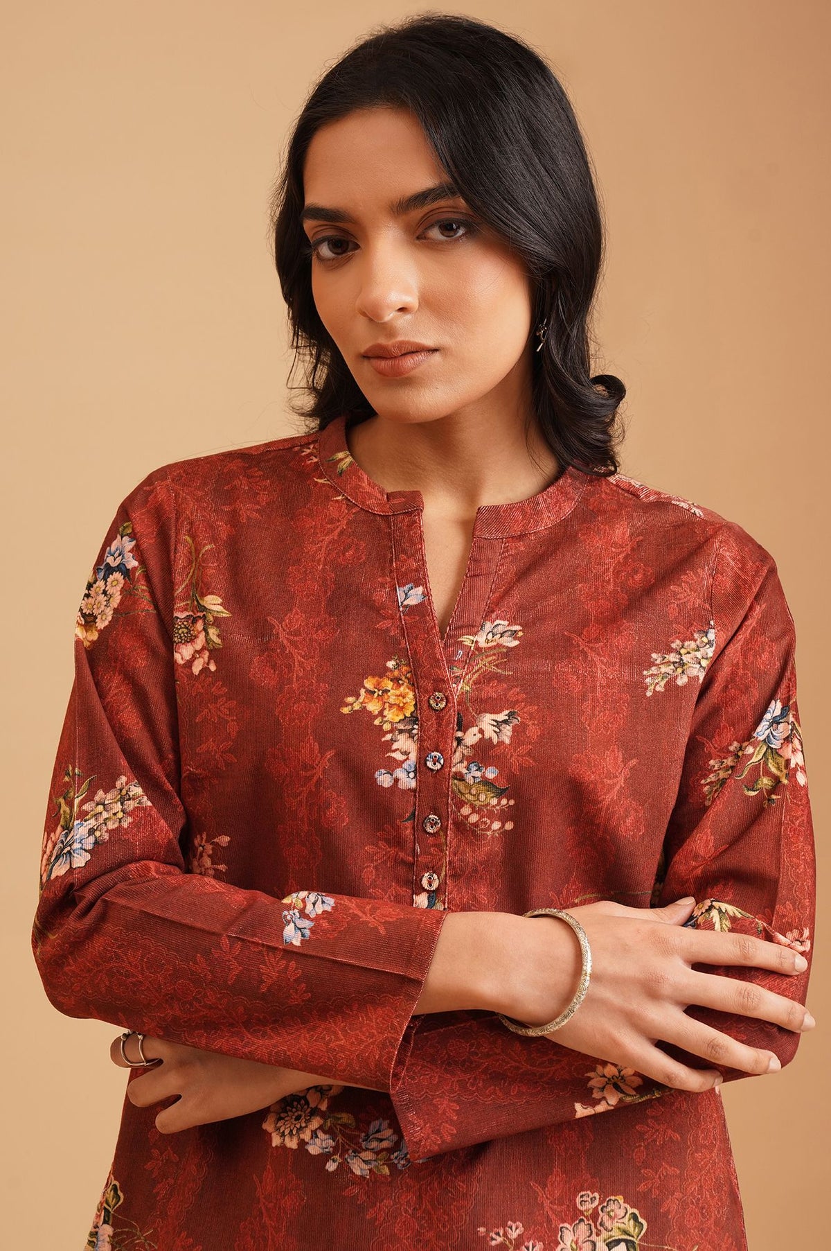 Maroon Floral Printed Straight Winter Tunic with Pants Set