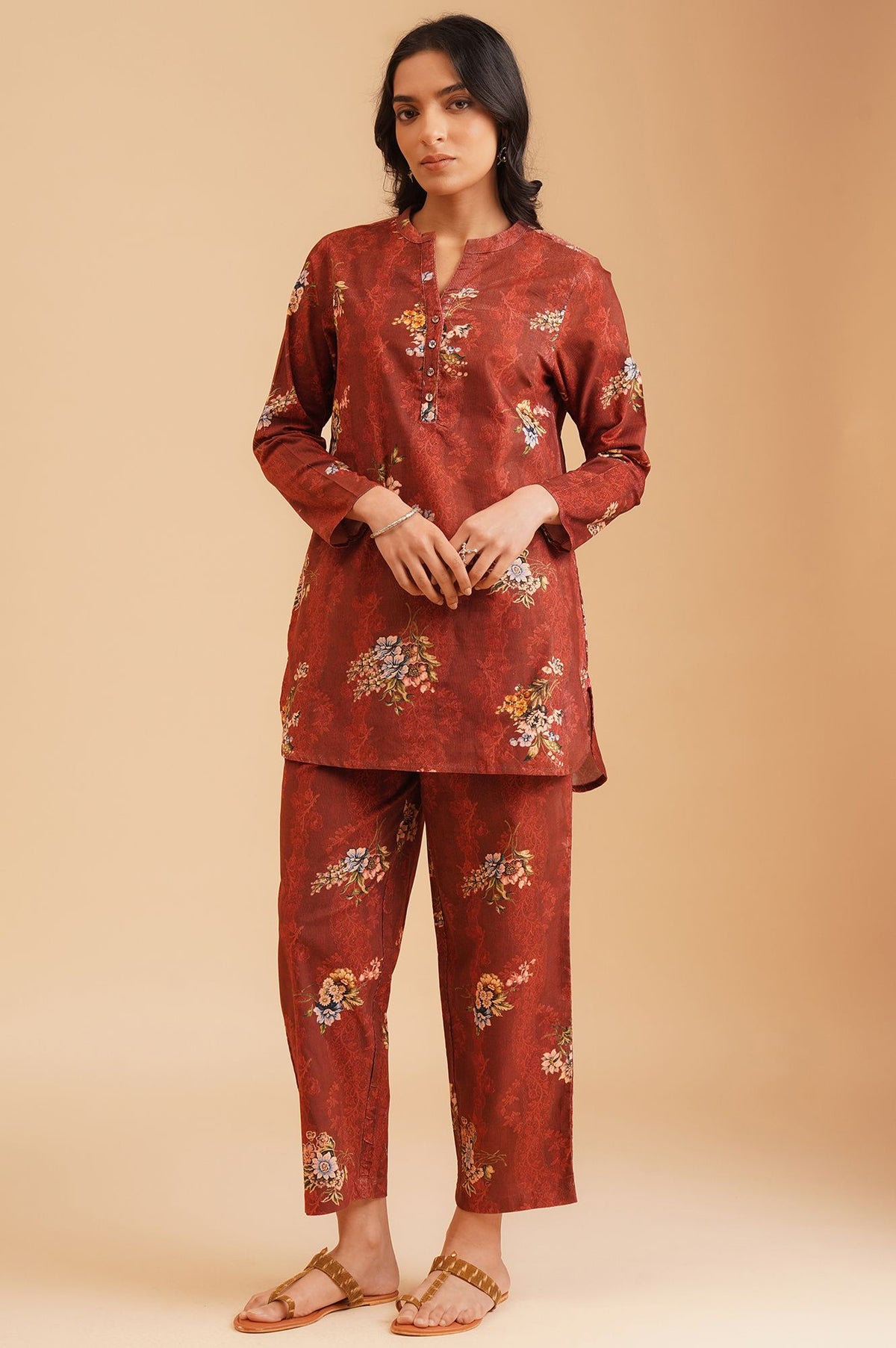 Maroon Floral Printed Straight Winter Tunic with Pants Set