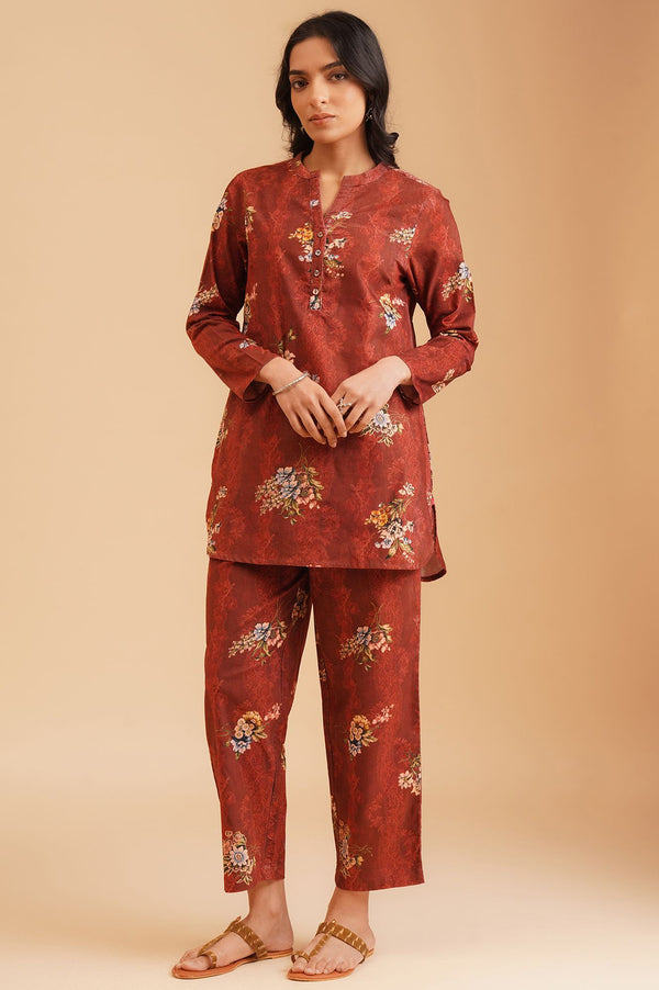 Maroon Floral Printed Straight Winter Tunic with Pants Set