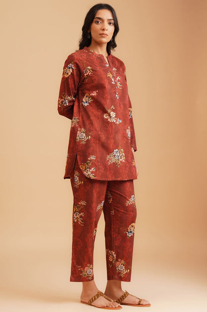 Maroon Floral Printed Straight Winter Tunic with Pants Set