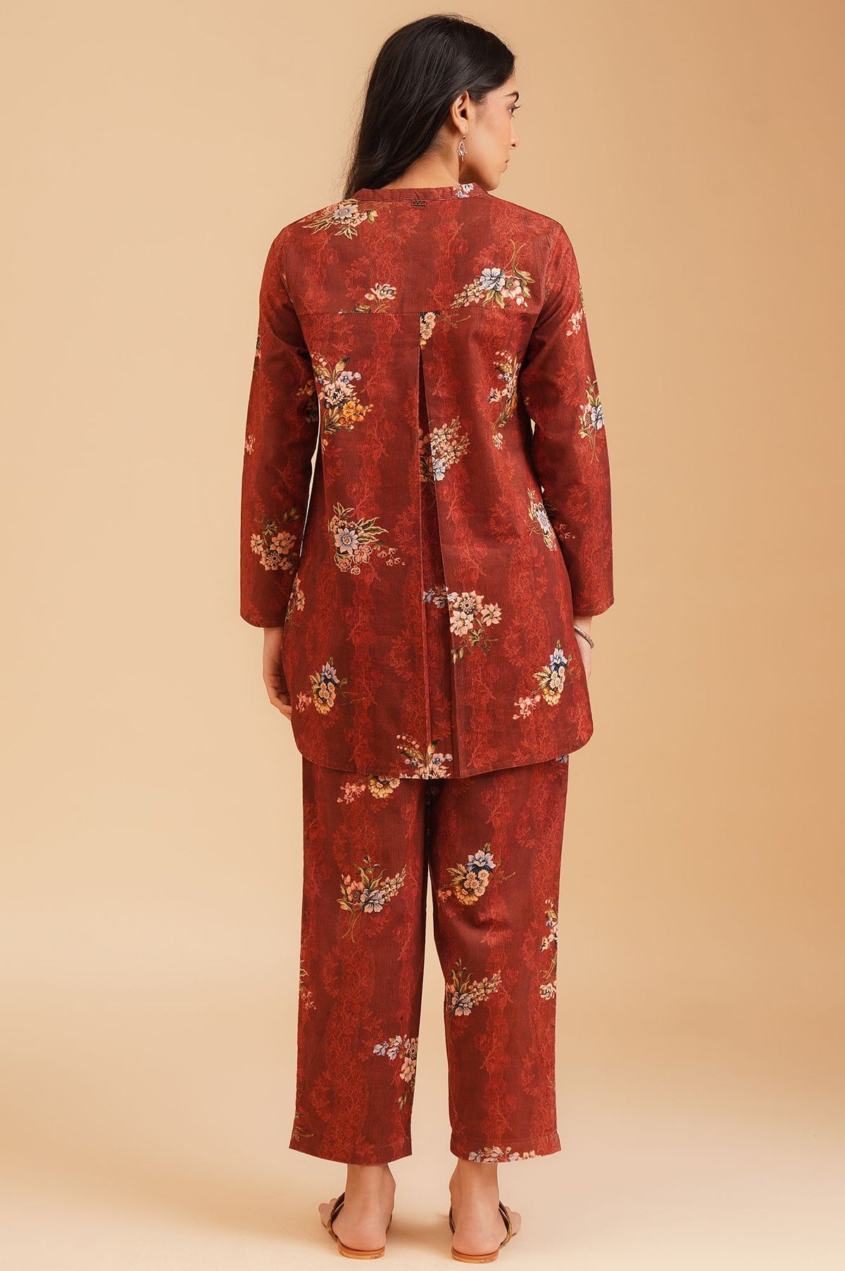 Maroon Floral Printed Straight Winter Tunic with Pants Set