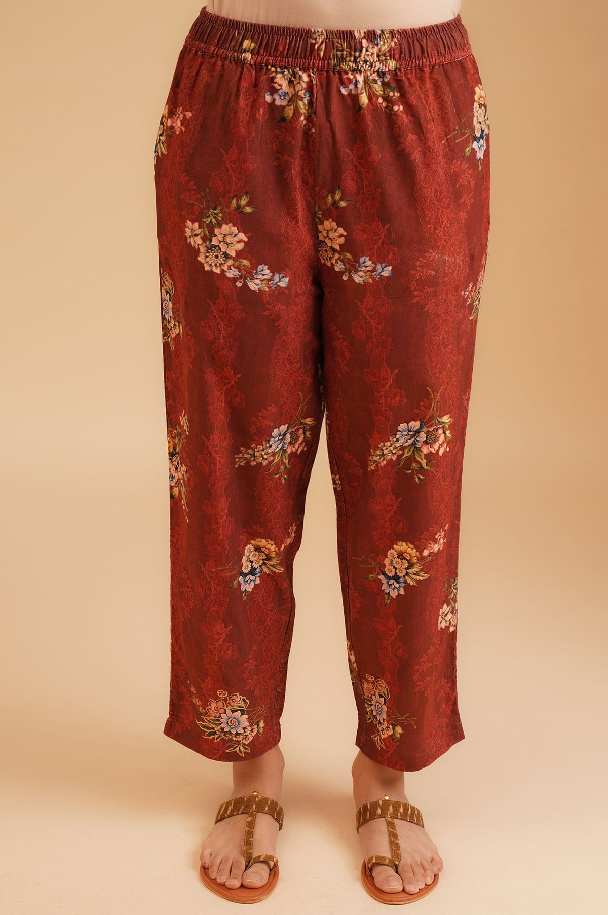 Maroon Floral Printed Straight Winter Tunic with Pants Set