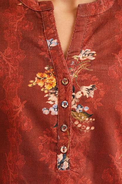 Maroon Floral Printed Straight Winter Tunic with Pants Set