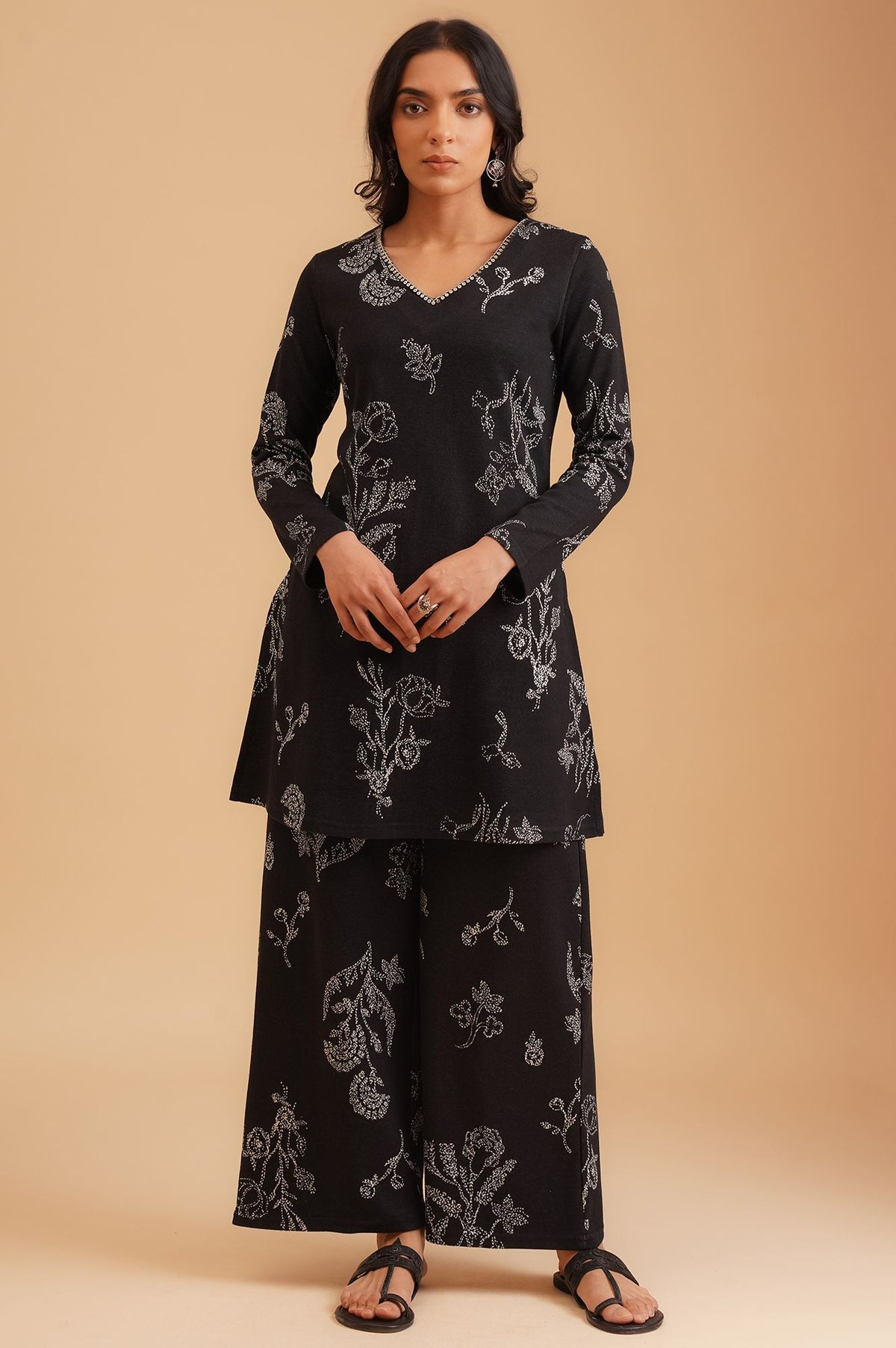 Black Floral Printed Sequins Yarn Dyed Jacquard Straight Winter Kurta with Parallel Pant Set