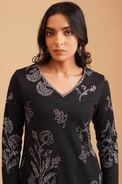 Black Floral Printed Sequins Yarn Dyed Jacquard Straight Winter Kurta with Parallel Pant Set
