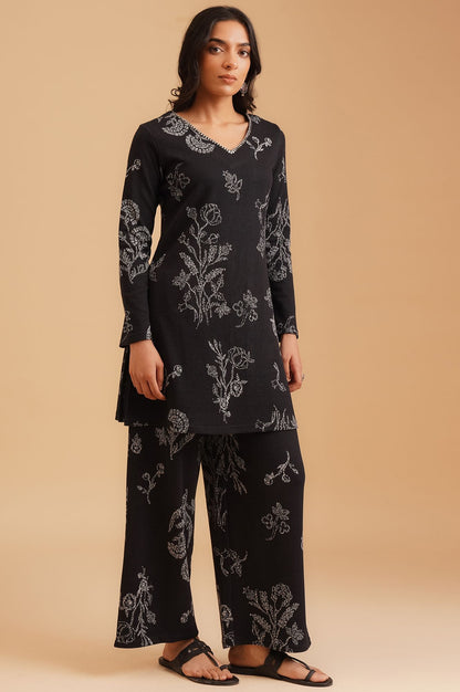 Black Floral Printed Sequins Yarn Dyed Jacquard Straight Winter Kurta with Parallel Pant Set