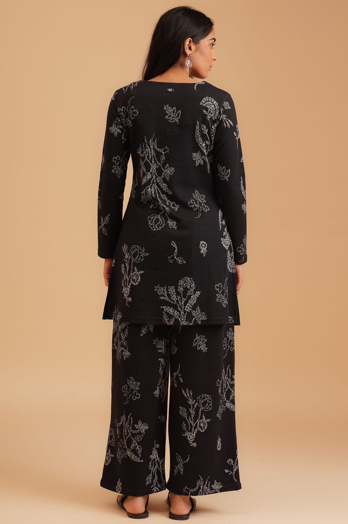 Black Floral Printed Sequins Yarn Dyed Jacquard Straight Winter Kurta with Parallel Pant Set