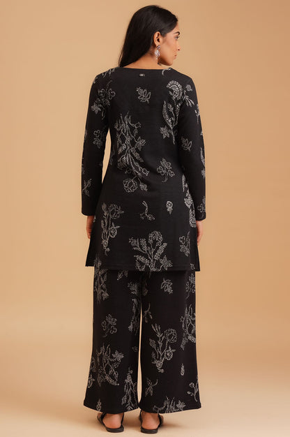 Black Floral Printed Sequins Yarn Dyed Jacquard Straight Winter Kurta with Parallel Pant Set