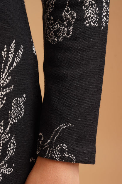 Black Floral Printed Sequins Yarn Dyed Jacquard Straight Winter Kurta with Parallel Pant Set