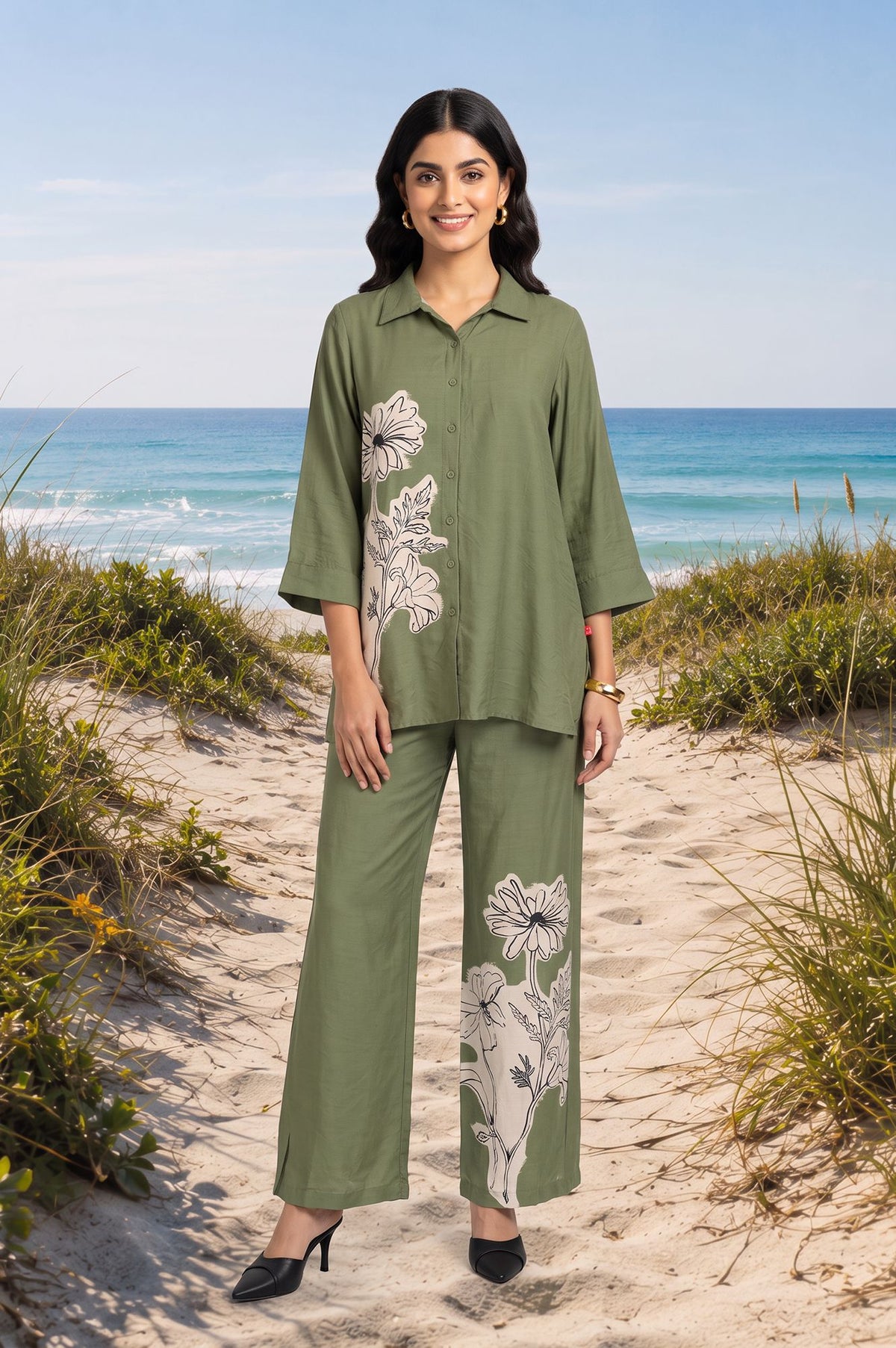 Green Floral Printed Straight Shirt with Parallel Pants Co-ord Set