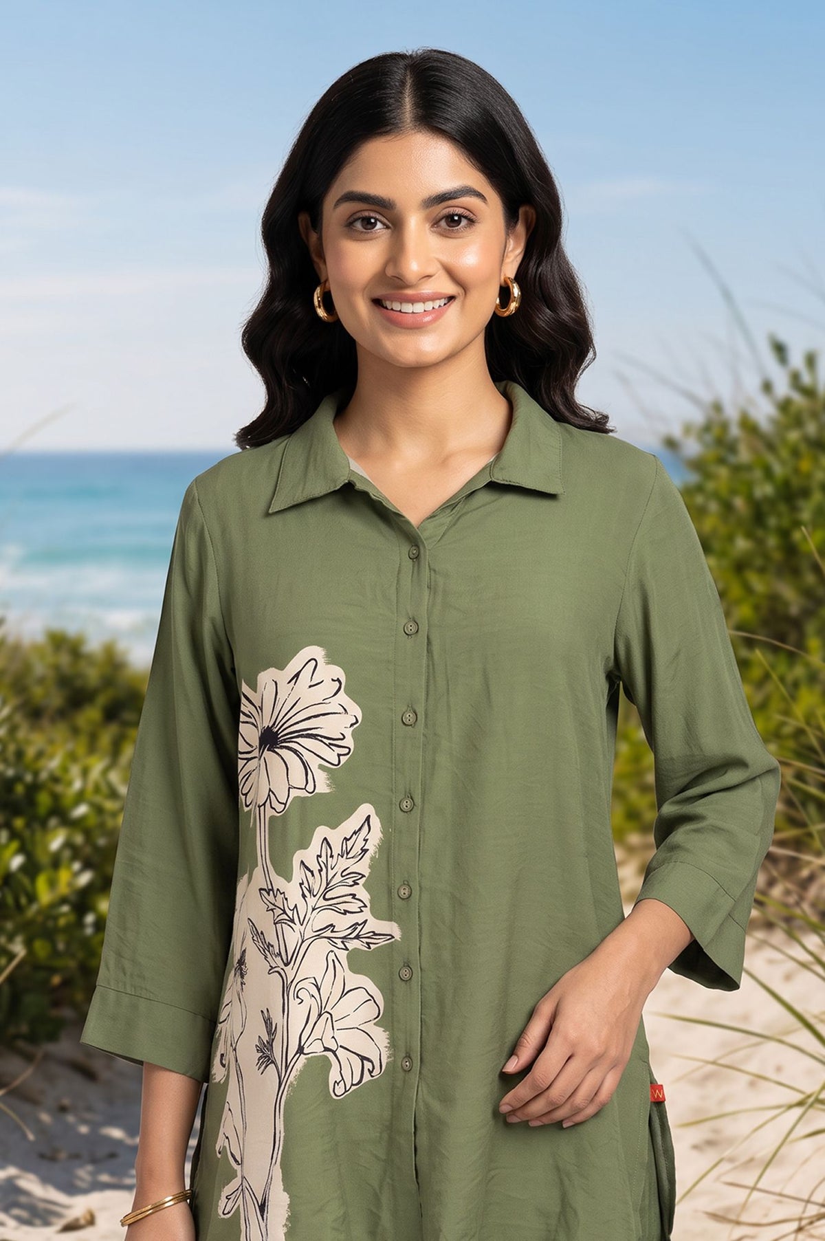 Green Floral Printed Straight Shirt with Parallel Pants Co-ord Set