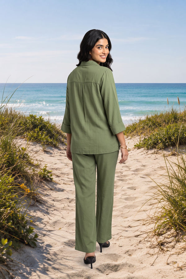 Green Floral Printed Straight Shirt with Parallel Pants Co-ord Set
