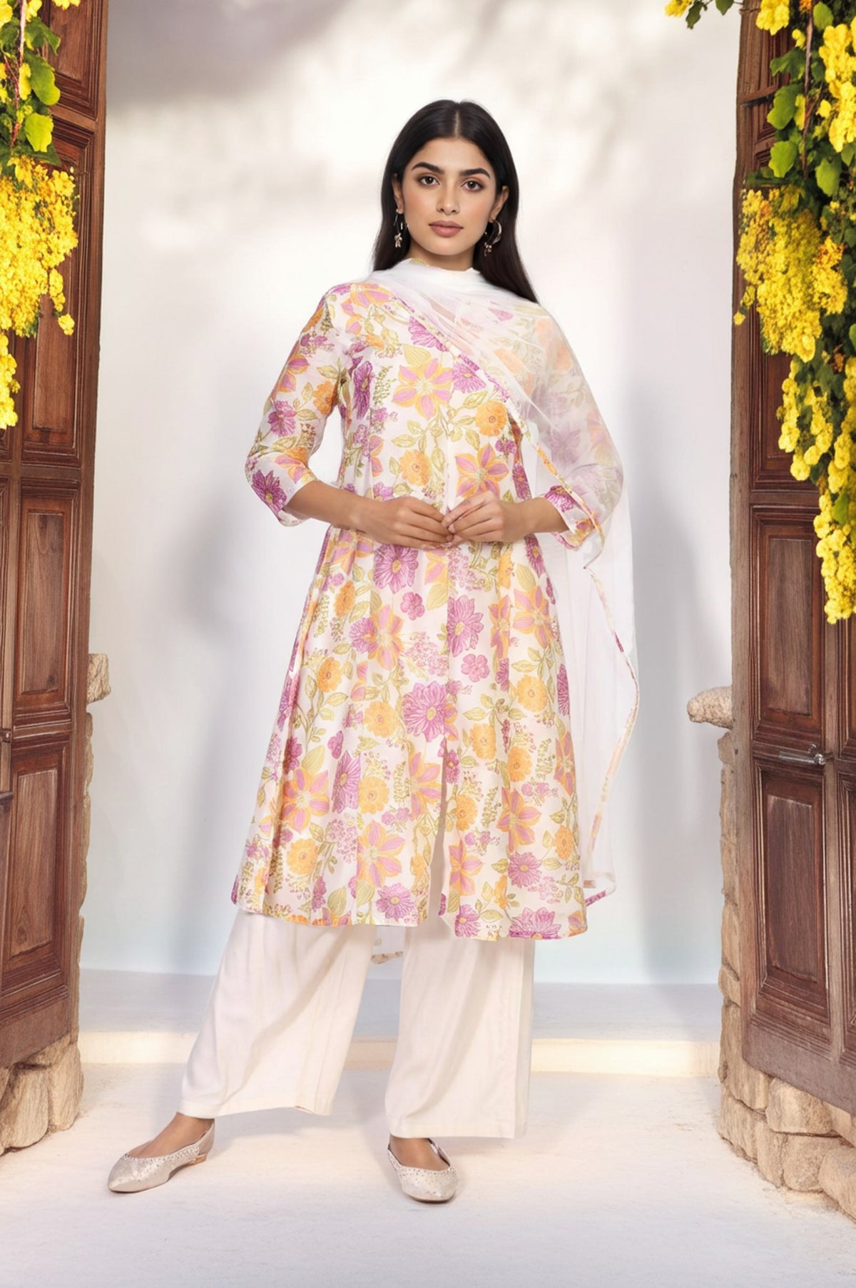 Off-White Floral Printed A-Line Kurta with Parallel Pant and Dupatta Set - XS