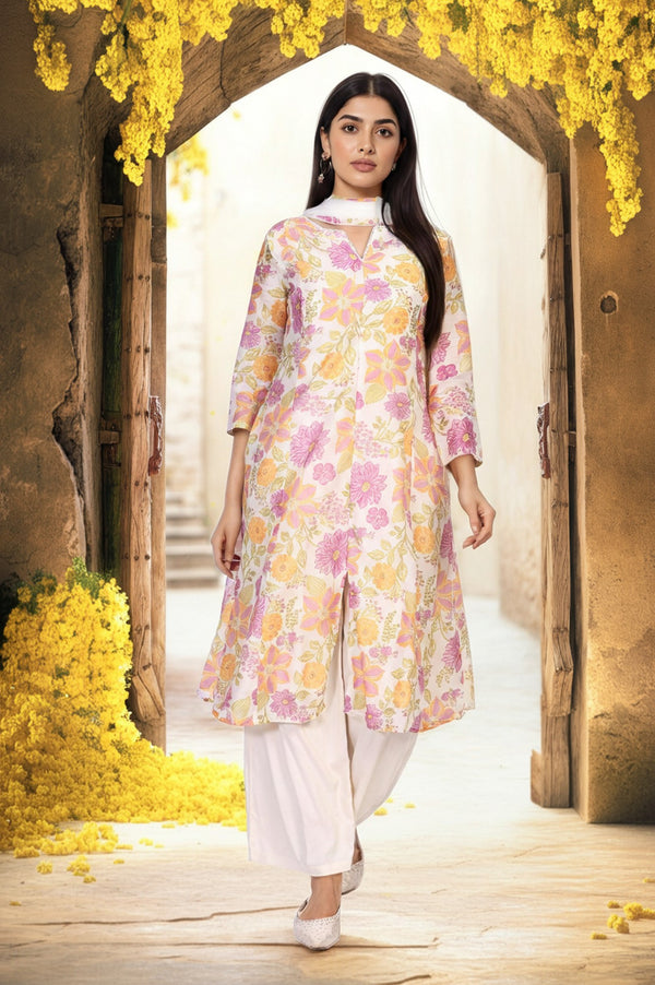 Off-White Floral Printed A-Line Kurta with Parallel Pant and Dupatta Set