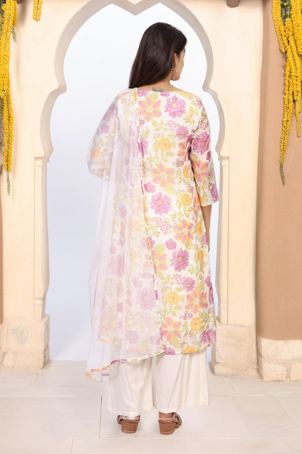Off-White Floral Printed A-Line Kurta with Parallel Pant and Dupatta Set
