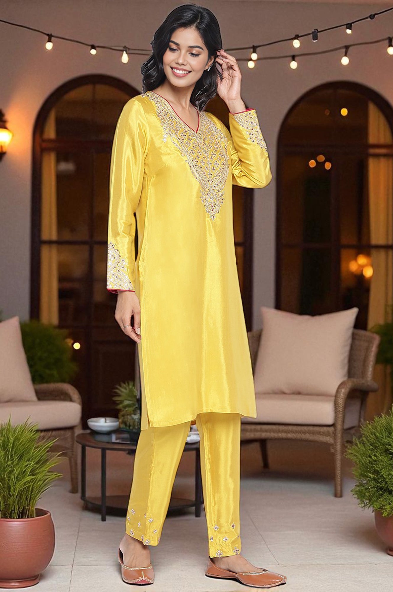 Yellow Solid Printed Shantung Straight Kurta, Straight Pant and Dupatta Set