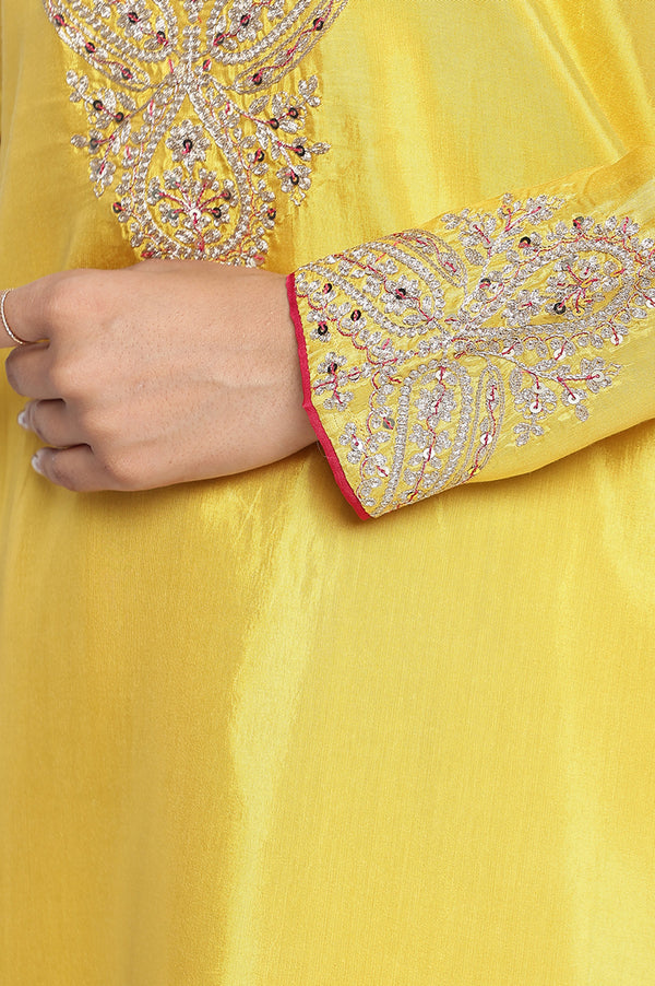 Yellow Solid Printed Shantung Straight Kurta, Straight Pant and Dupatta Set