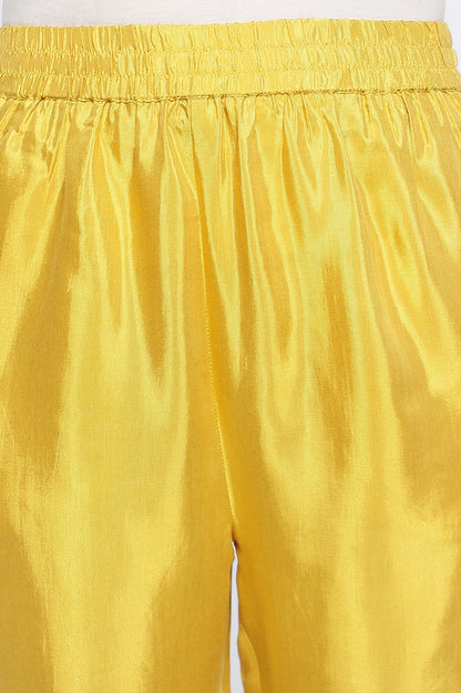 Yellow Solid Printed Shantung Straight Kurta, Straight Pant and Dupatta Set