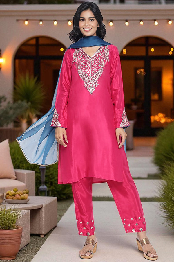 Fuschia Solid Printed Shantung Straight Kurta, Straight Pant and Dupatta Set