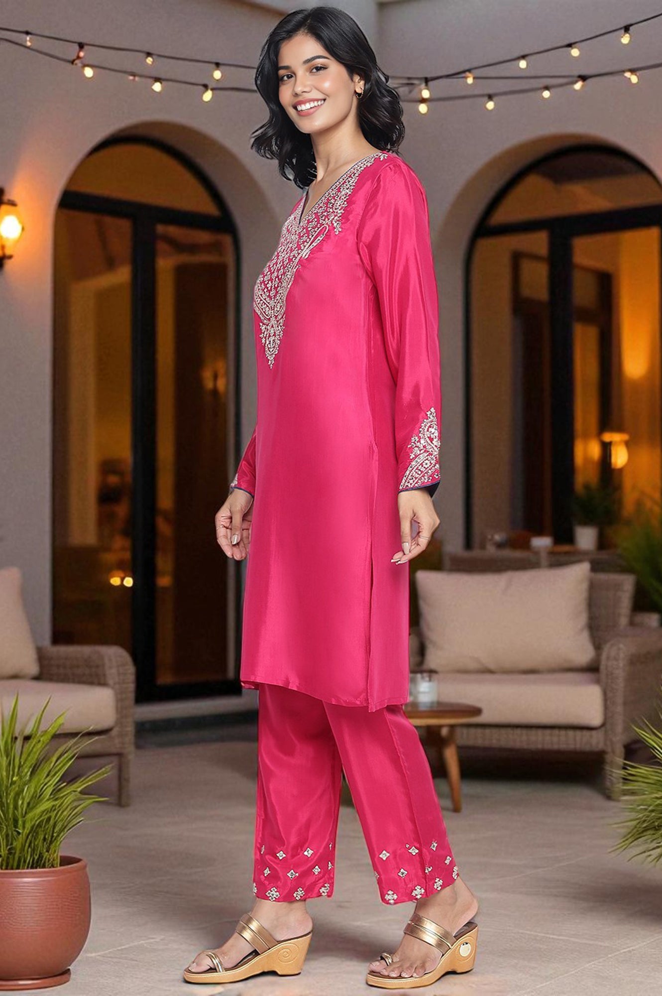 Fuschia Solid Printed Shantung Straight Kurta, Straight Pant and Dupatta Set