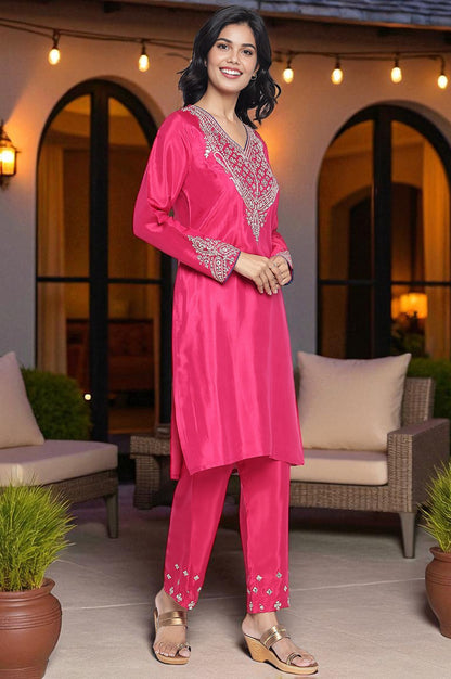 Fuschia Solid Printed Shantung Straight Kurta, Straight Pant and Dupatta Set