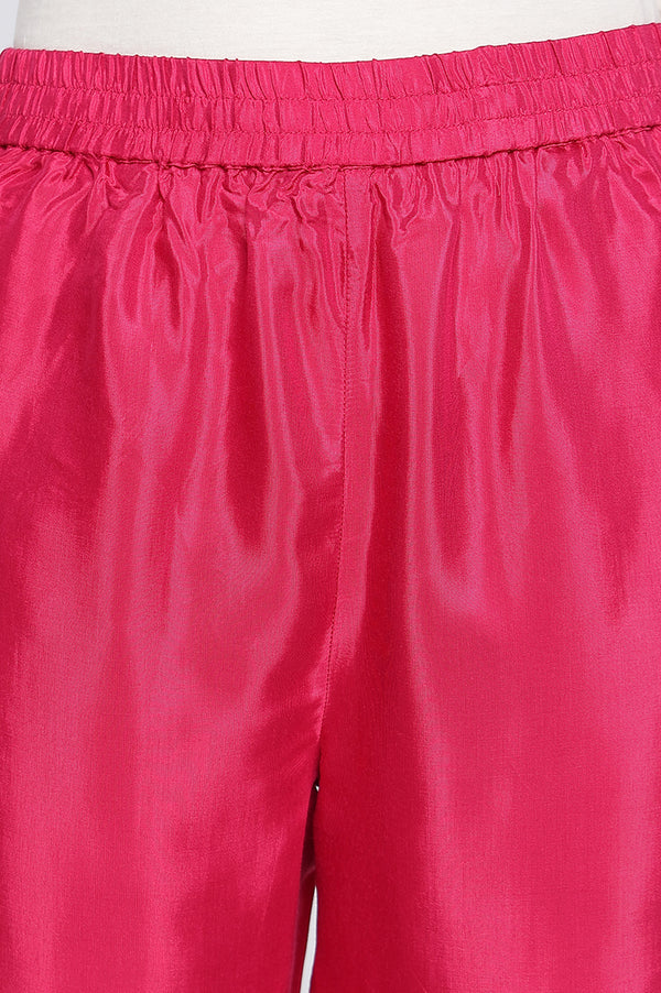 Fuschia Solid Printed Shantung Straight Kurta, Straight Pant and Dupatta Set