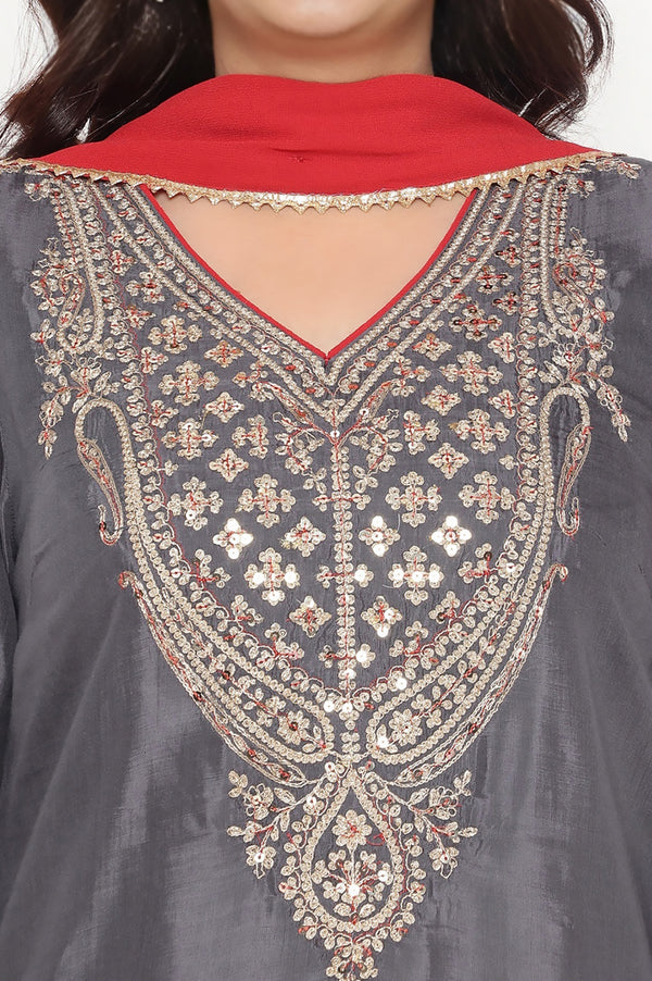 Grey Solid Printed Shantung Straight Kurta, Straight Pant and Dupatta Set