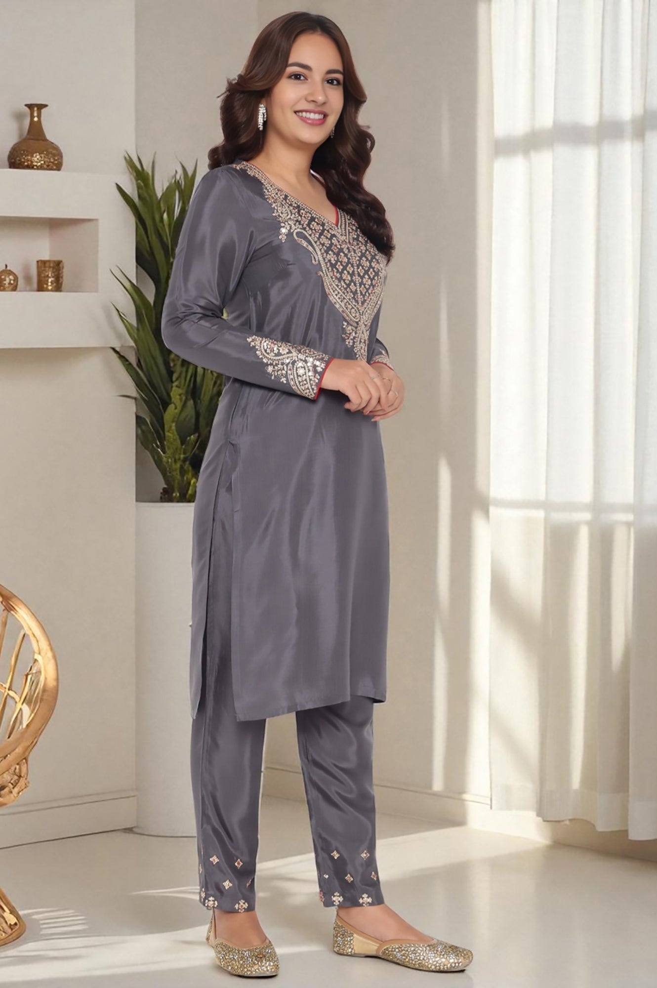 Grey Solid Printed Shantung Straight Kurta, Straight Pant and Dupatta Set