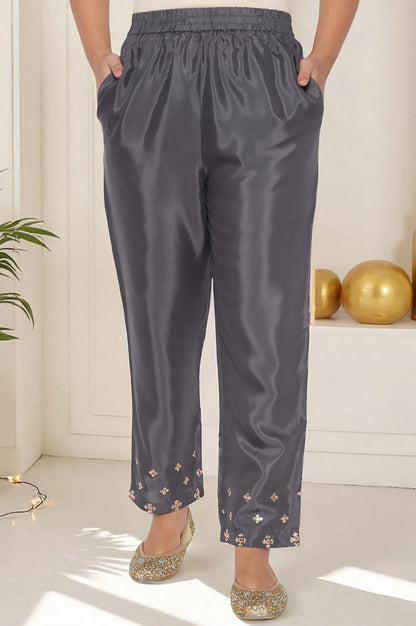 Grey Solid Printed Shantung Straight Kurta, Straight Pant and Dupatta Set