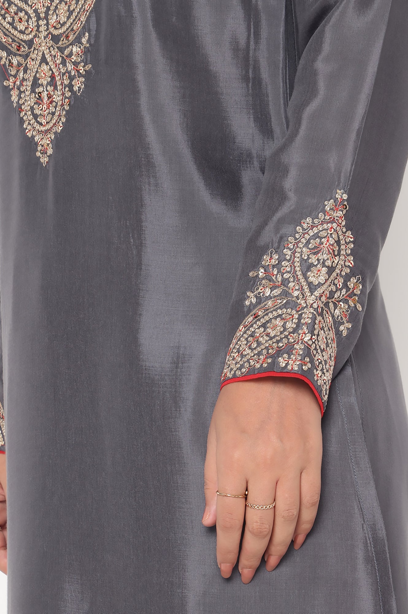 Grey Solid Printed Shantung Straight Kurta, Straight Pant and Dupatta Set