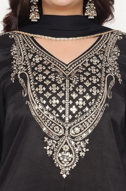 Black Solid Printed Shantung Straight Kurta, Straight Pant and Dupatta Set
