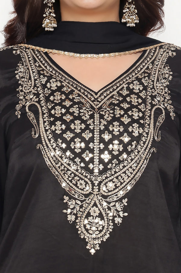 Black Solid Printed Shantung Straight Kurta, Straight Pant and Dupatta Set