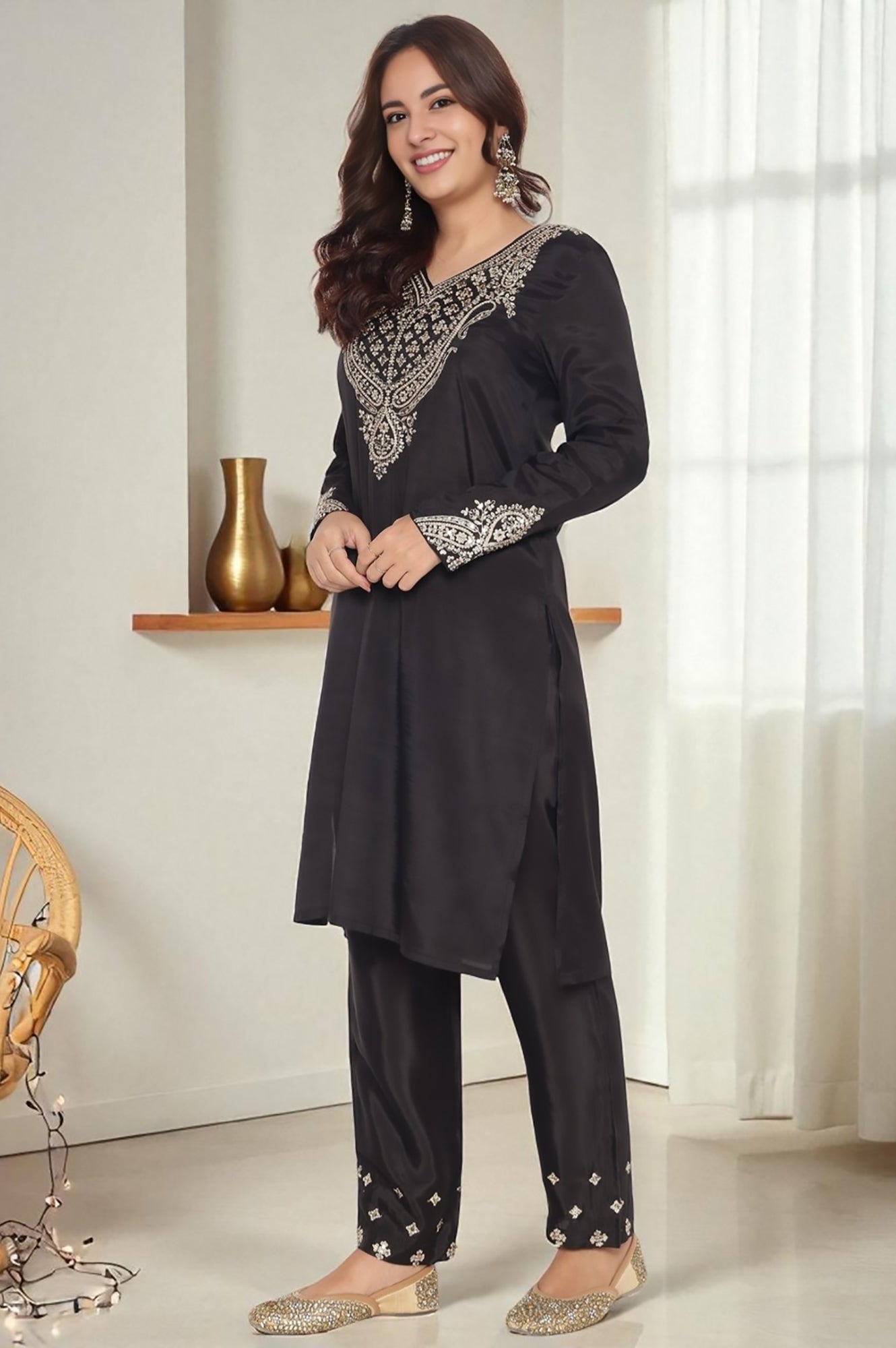 Black Solid Printed Shantung Straight Kurta, Straight Pant and Dupatta Set