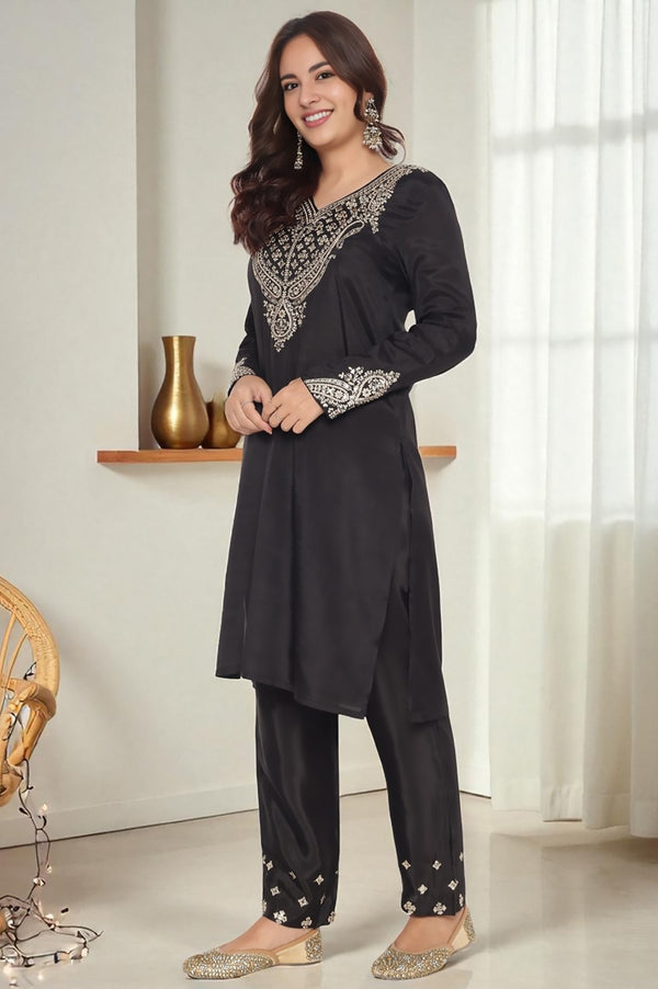Black Solid Printed Shantung Straight Kurta, Straight Pant and Dupatta Set
