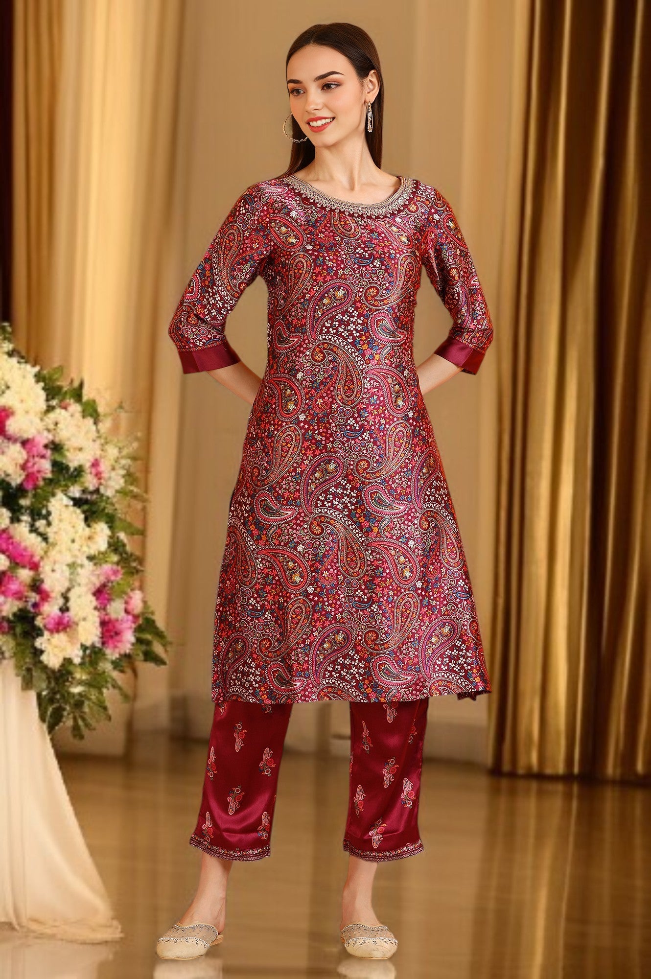 Wine Paisley Printed Japanese Satin Embroidered Kurta and Straight Pants Co-ord Set