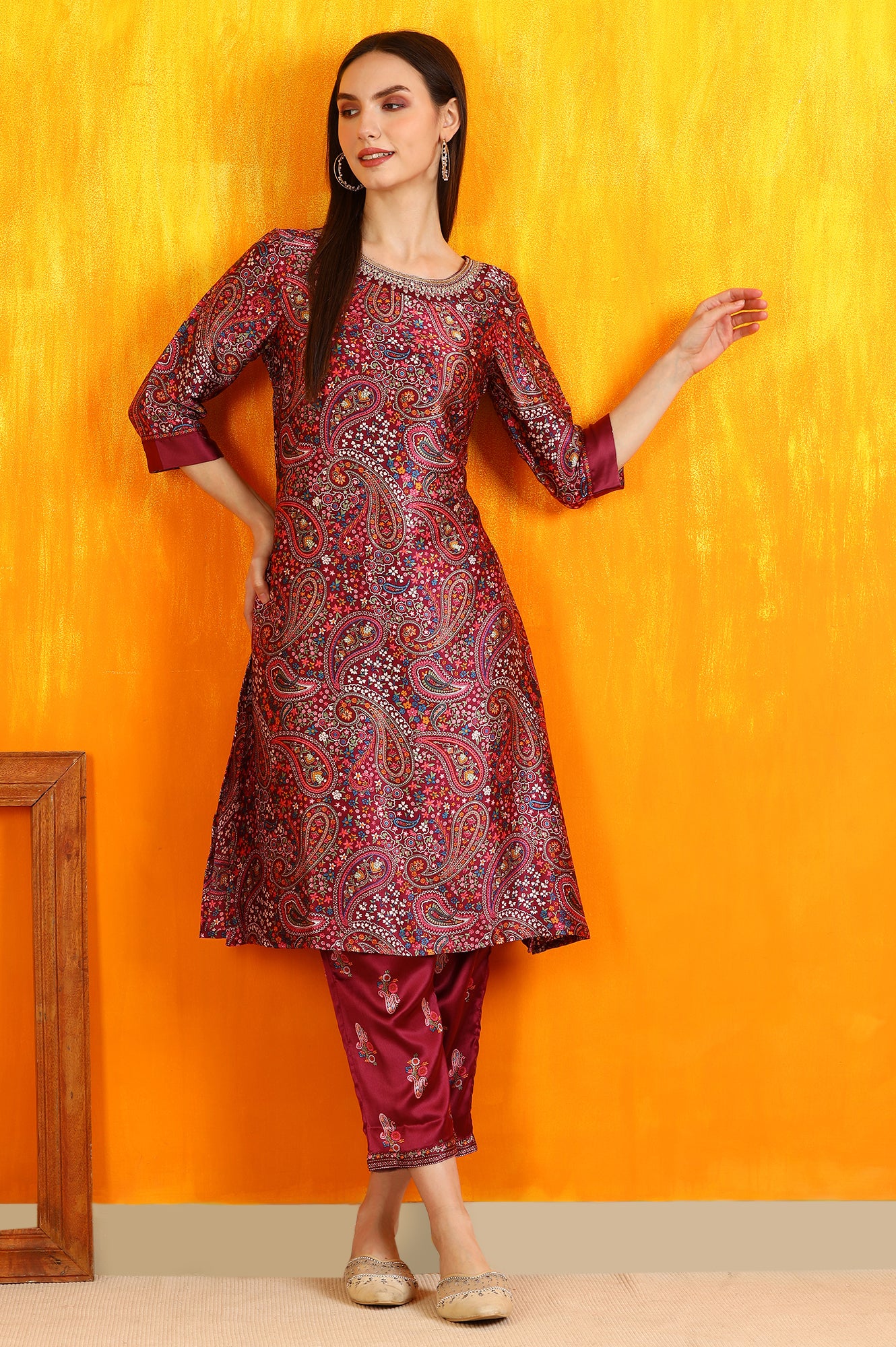 Wine Paisley Printed Japanese Satin Embroidered Kurta and Straight Pants Co-ord Set