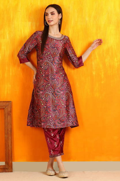 Wine Paisley Printed Japanese Satin Embroidered Kurta and Straight Pants Co-ord Set
