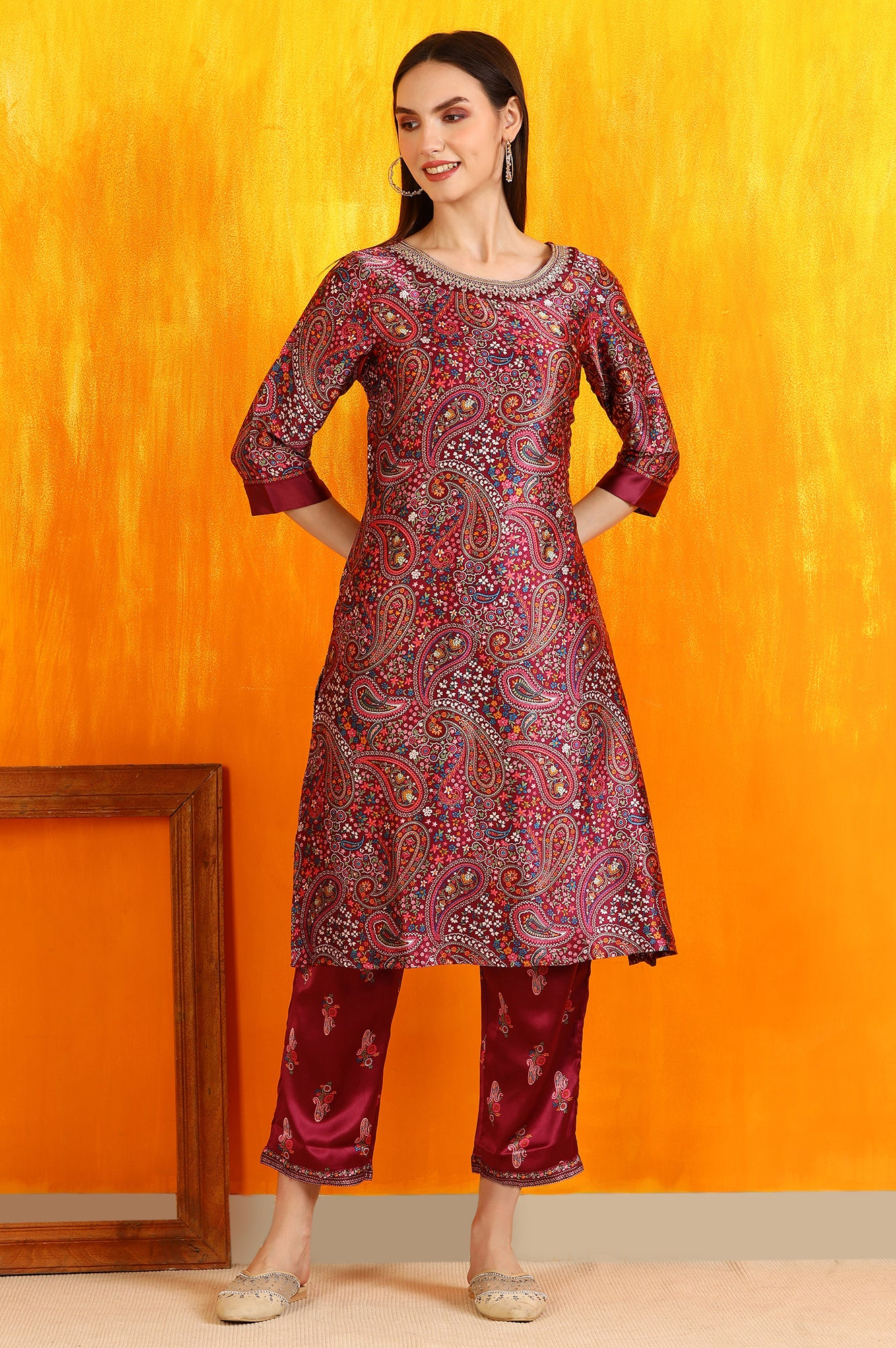 Wine Paisley Printed Japanese Satin Embroidered Kurta and Straight Pants Co-ord Set