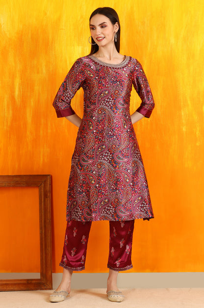 Wine Paisley Printed Japanese Satin Embroidered Kurta and Straight Pants Co-ord Set